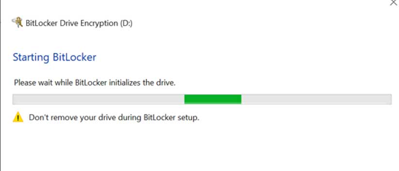 A Windows Operating System window displaying a BitLocker encryption process bar.