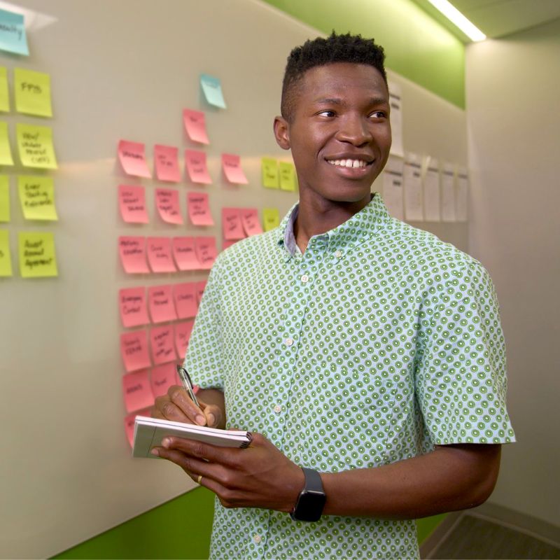 A person standing in front of a whiteboard with sticky notes on it.