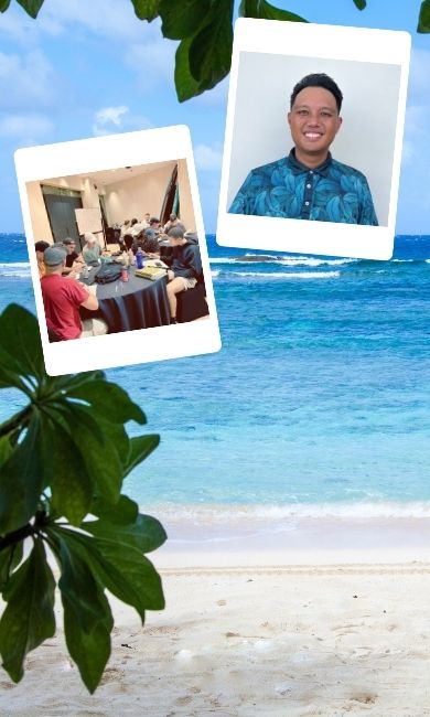 Photos of math professor Dr. Alvin Sanga and a classroom in Guam, with an island beach in the background.
