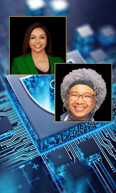 Photos of two UMGC alumnae, Tiffany Tremont and Loyce Pailen, with a digital lock representing cybersecurity in the background