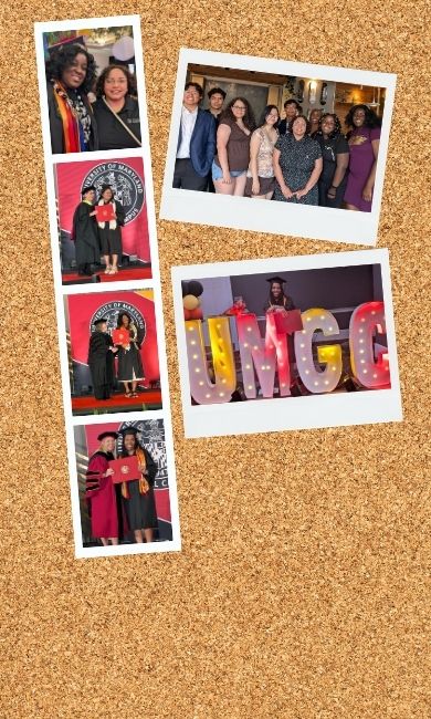 Group of instant-style photos on a corkboard including photos of 3D scholars receiving their degrees on stage at Grad Walk, photos with their success coach, and celebrating graduation. 