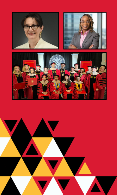 Collage including sixteen doctoral graduates in red robes and black hats pose for a group photo with UMGC President Greg Fowler, PhD, also in red regalia, with a UMGC seal in the background, and individual photos of two DBA graduates, Kiosha Mitchell and Anna Harutyunyan in business attire.