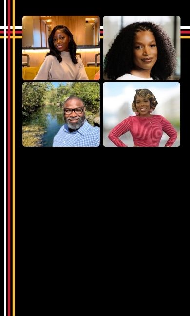 Photo collage of UMGC graduates Haja Corneh, Angelique Adams, Mike Sanders, and T’iara Bracken on a background of the UMGC school colors