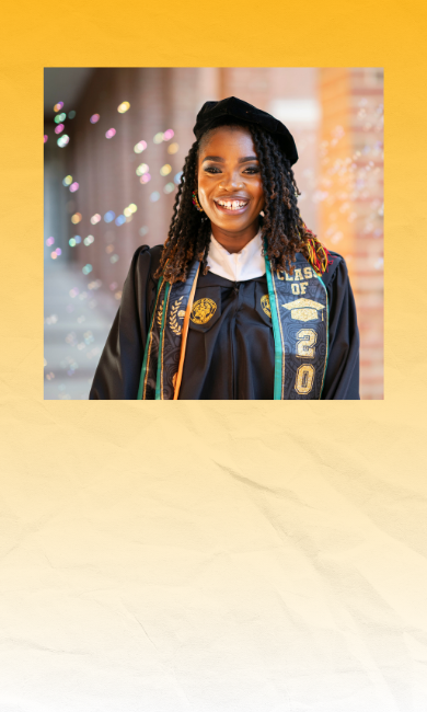 Three photos of Shanteal Alleyne in commencement regalia with a 2026 stole, with UMGC President Fowler, and with her family at Grad Walk. 