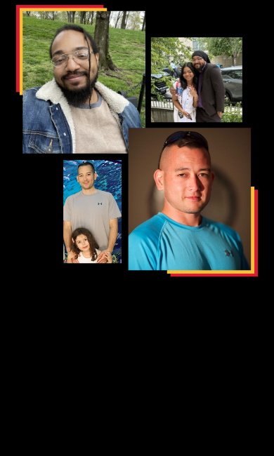 Collage including Dwight Smith outside in a forested area, Joseph Fischer, and both men, separately, with their daughters in various locations. 