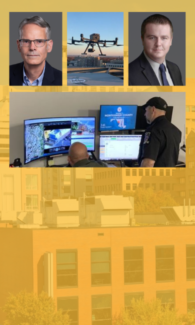 Collage on urban buildings background: Christopher Swain, Justin J. Baumgartner (in tie), a propeller drone hovering above its landing spot with buildings in the background, and two officers reviewing multiple computer screens at the drone operations center of the Montgomery County Police Department. Text on the wall includes “DFR Operations.” (Drone operations photos courtesy of MCPD.)