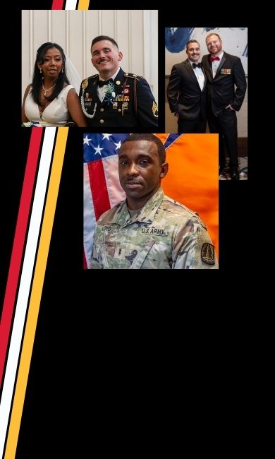 Collage of 3 photos: 1) Jacob Dowler and his wife on their marriage day. Dowler is in his dress uniform. 2) Jerrin Neal with his husband. Both are wearing tuxedos, Neal’s with military medal pins. 3) Nathaniel Floyd in his U.S. Army combat uniform, with an American flag in the background
