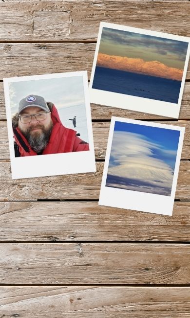 Snapshots of Raymond Polasky outside in Antarctica with a penguin behind him, a snow-covered volcano with wavy clouds covering its peak, and snow-covered mountains. 
