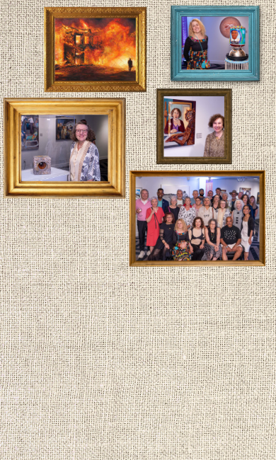 Collage of images from the 6th Biennial Maryland Regional Juried Art Exhibition including the first place entry, an oil on canvas painting of a violently burning house by Melissa Avera-Cook. Other images show artists who attended the event with their work, and a group photo of about 24 artists with UMGC President Fowler. 