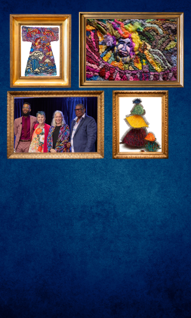 ollage of images from UMGC Arts Exhibit “Woven Threads,” including two colorful hand-spun fiber pieces by featured artist Judith Kornett and a seven-piece steel and fiber piece by artist Virginia Sperry. The other image includes artists with UMGC Arts Program representatives in front of a blue curtain on stage.