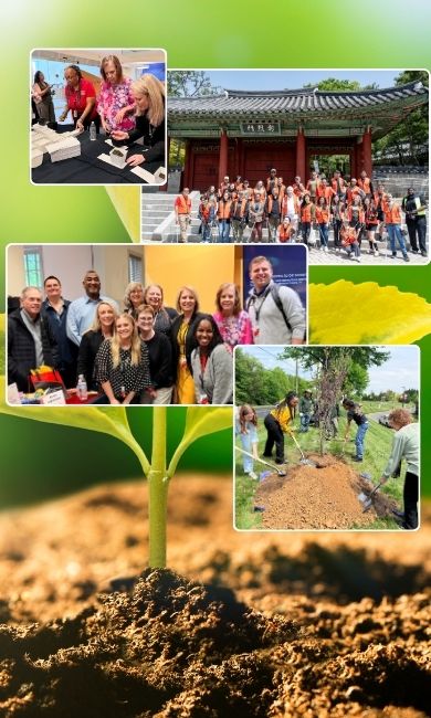 Images of various Earth Day activities at UMGC, including tree and seed planting in Maryland, and plogging in Korea