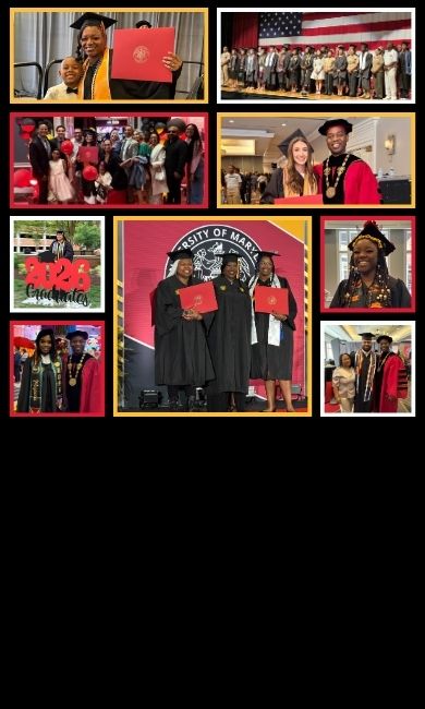 Collage of images from Grad Walk including graduates in regalia, families, UMGC’s president, and a group photo from Marine Corps Air Station Miramar, with a large American flag in the background. 
