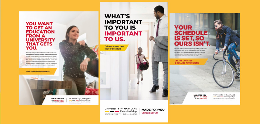 Collection of UMUC advertisements highlighting student "hustle"
