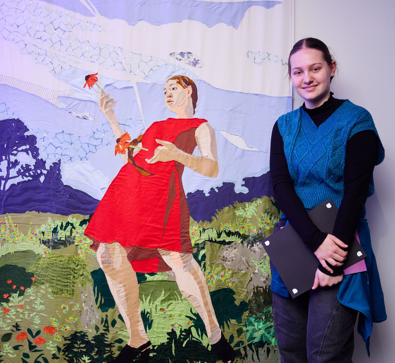 President’s Award winner Helen McConville with her tapestry, Hunt of Artemis.