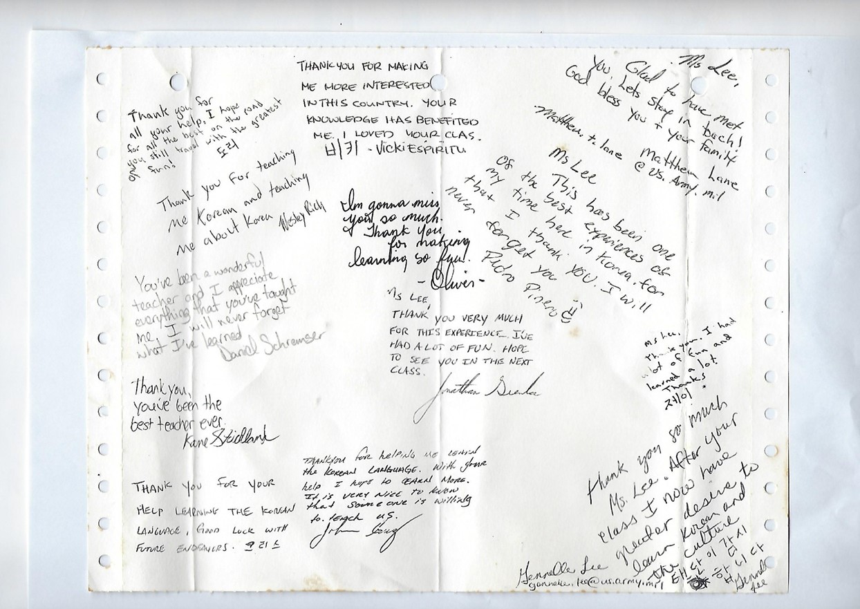 During the last class Lee taught at Camp Page—across the street from the orphanage where she spent her childhood—her UMGC students wrote spontaneous notes of appreciation. 