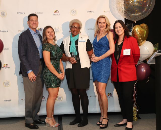 (Right to Left) Sam Bell of Edwards Performance Solutions; CAMI Executive Director Tasha Cornish; Dr. Loyce Pailen, senior director of the UMGC Center for Security Studies; Maryland Dept. of Commerce Cybersecurity and Aerospace Director Kim Mentzell; and Xiomara Olmeda of Excelon.