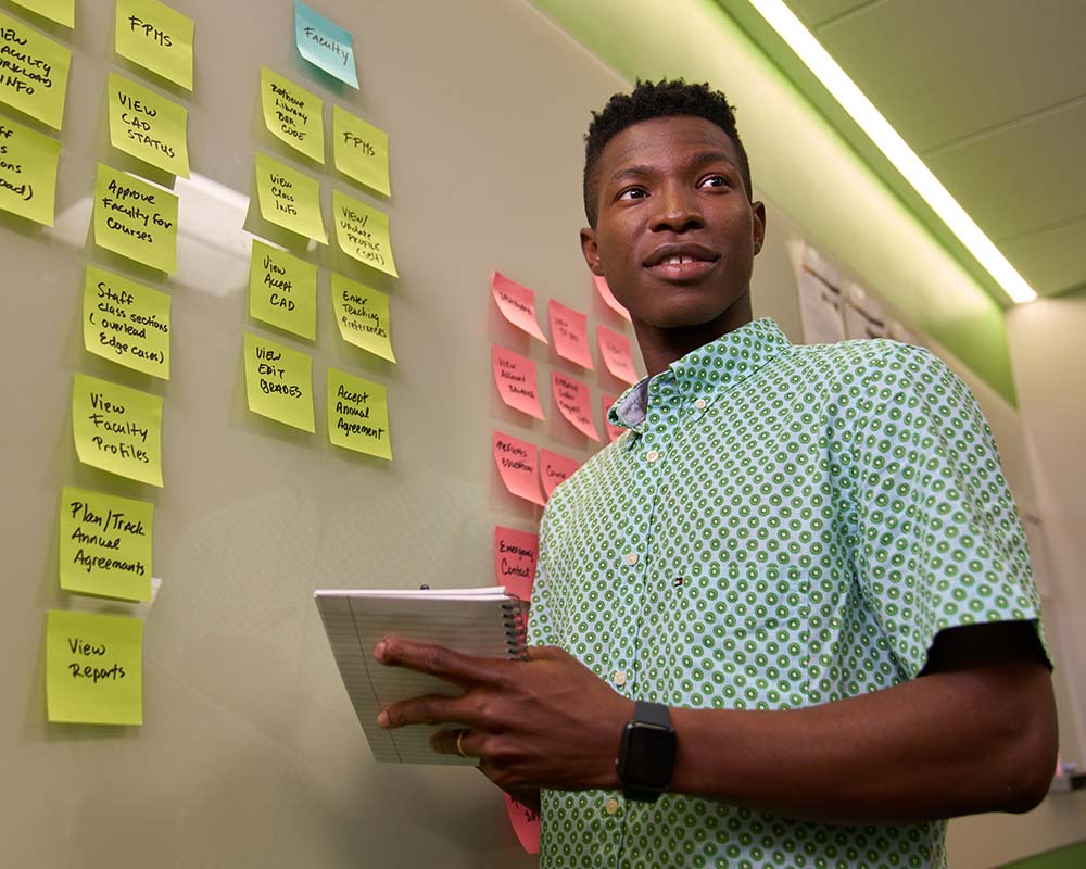 A person standing in front of a whiteboard with sticky notes on it.