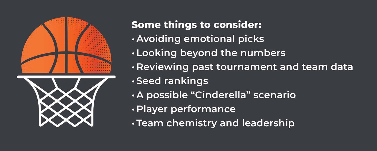 Text that reads, "Some things to consider: Avoiding emotional picks; Looking beyond the numbers; Reviewing past tournament and team data; Seed rankings; A possible "Cinderella" scenario; Player performance; Team chemistry and leadership."