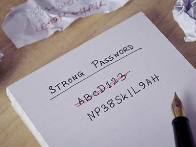 A pad of paper with the words, "Strong Password" and "ABCD123" which is crossed out, followed by "NP38Sk!L9AH" which is not crossed out.