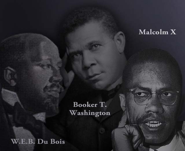 A collage with images of W.E.B. Du Bois, Booker T. Washington and Malcolm X.
