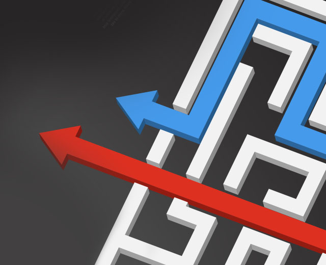 A red arrow and a blue arrow coming out of a maze.